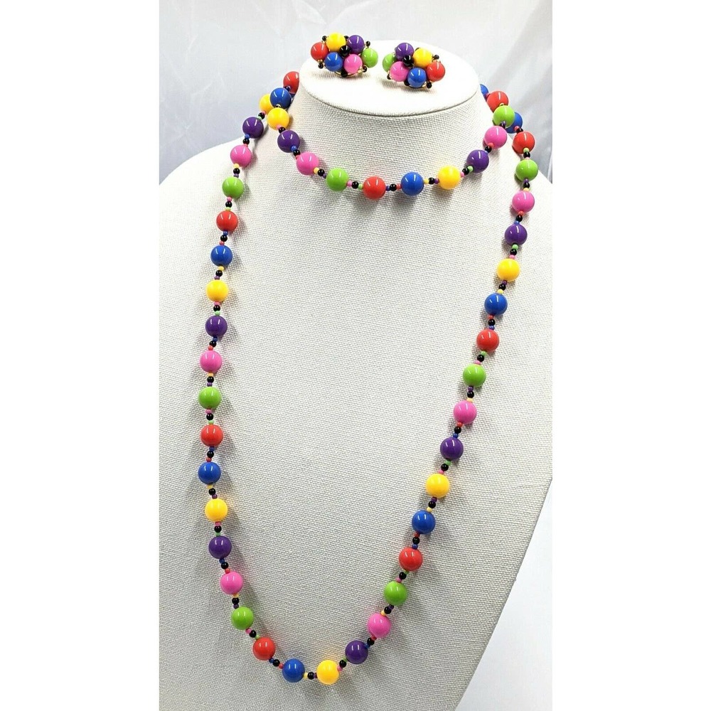 Rainbow Long Beaded Necklace Earrings Set Clip On Statement Plastic Seed Bead